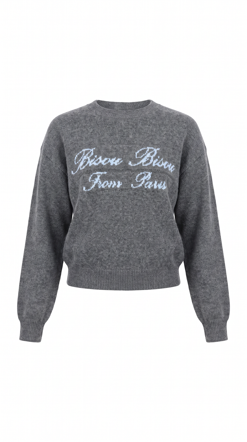 Pull Bisou gris chiné, inscription cursive bleu ciel Bisou Bisou From Paris - Iael Paris
