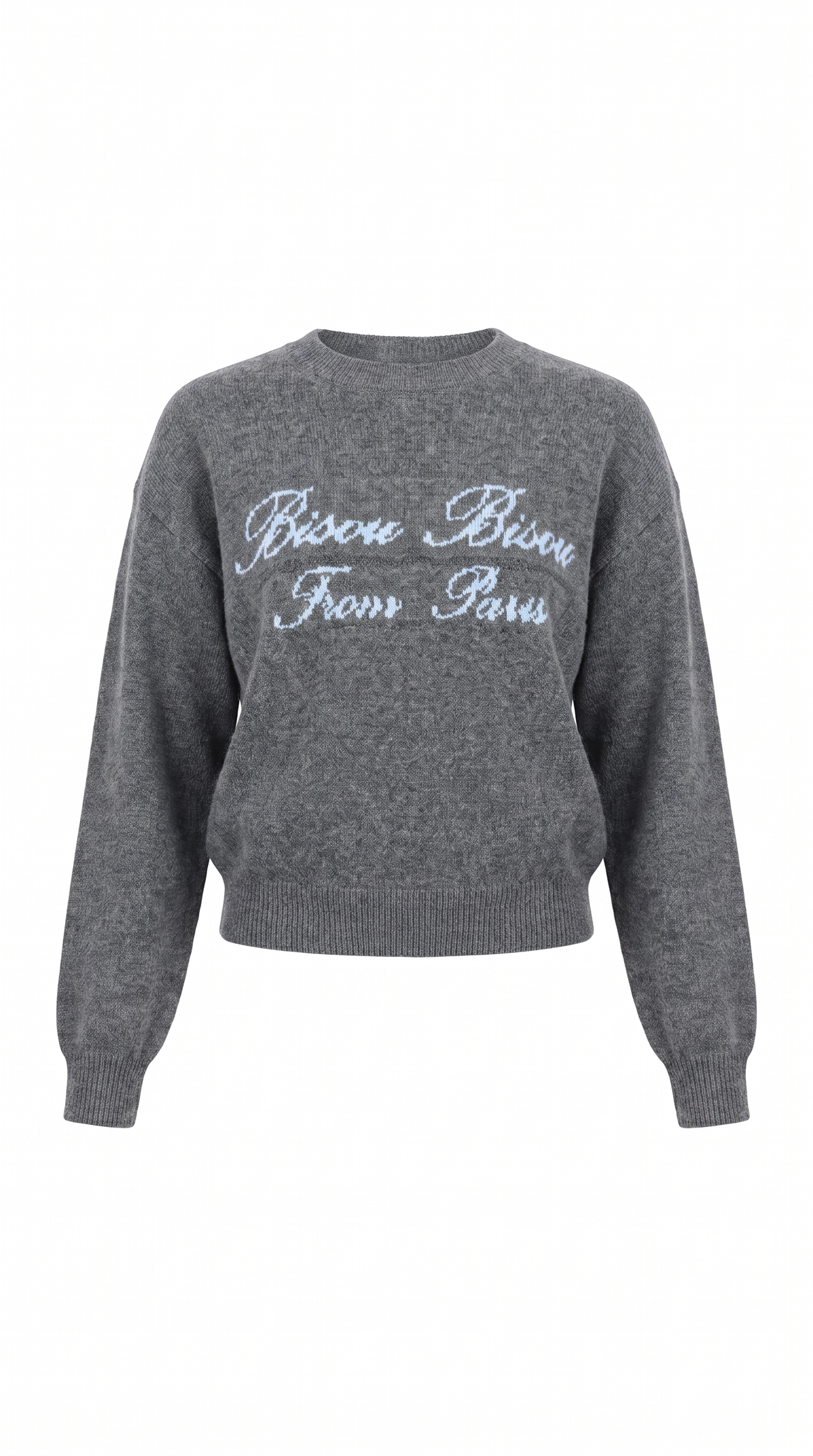 Pull Bisou gris chiné, inscription cursive bleu ciel Bisou Bisou From Paris - Iael Paris