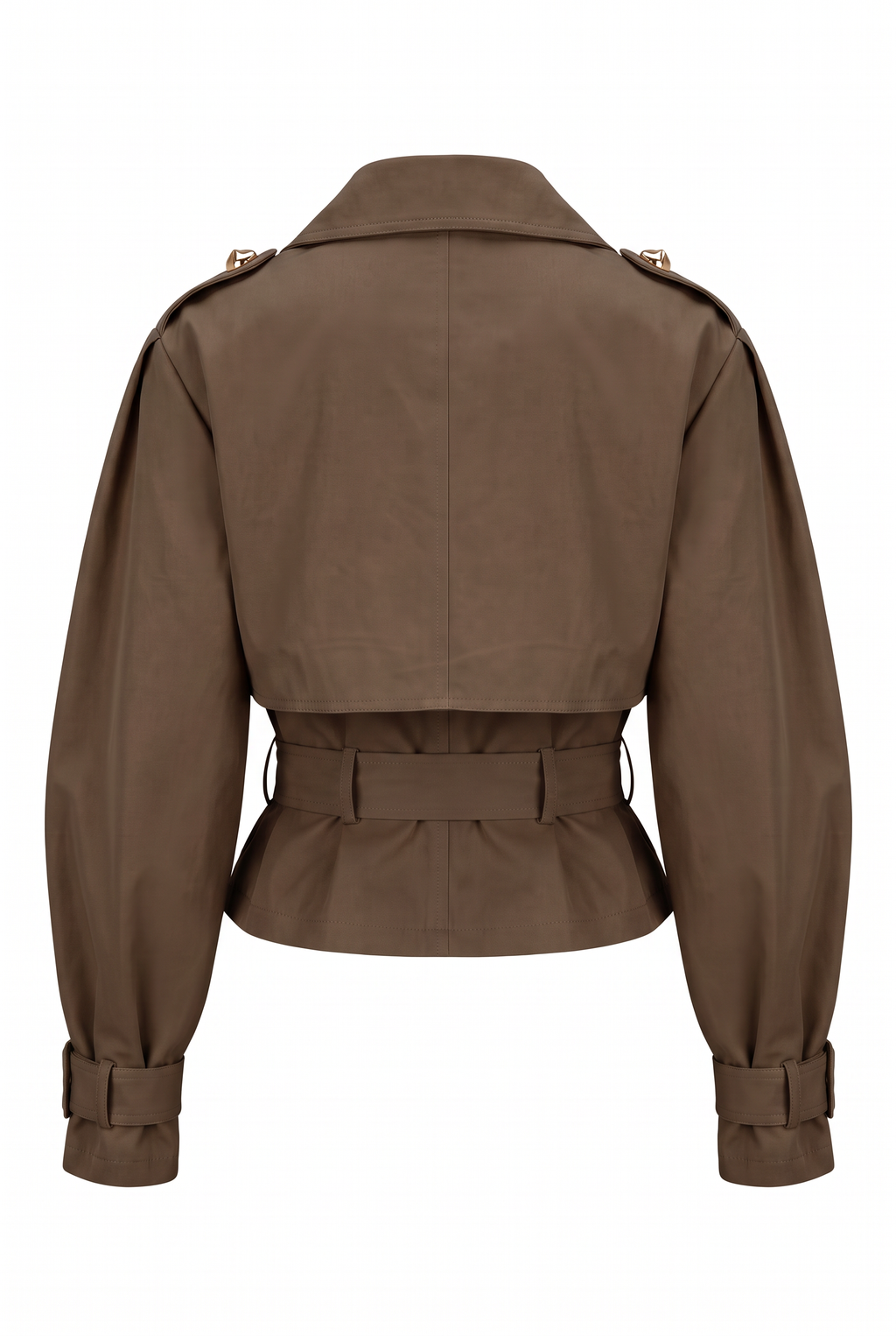 Veste Élya taupe portée avec un pantalon crème - Iael Paris