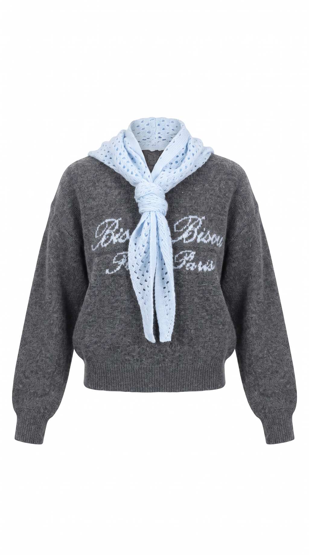 Pull Bisou gris avec foulard en maille ajourée bleu ciel noué au col - Iael Paris