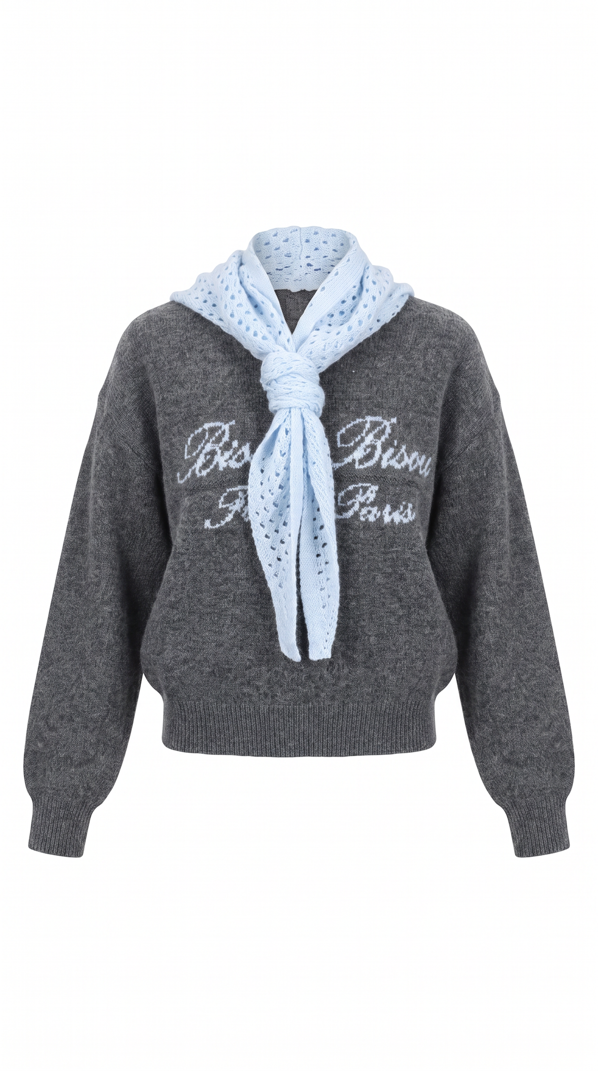 Pull Bisou gris avec foulard en maille ajourée bleu ciel noué au col - Iael Paris